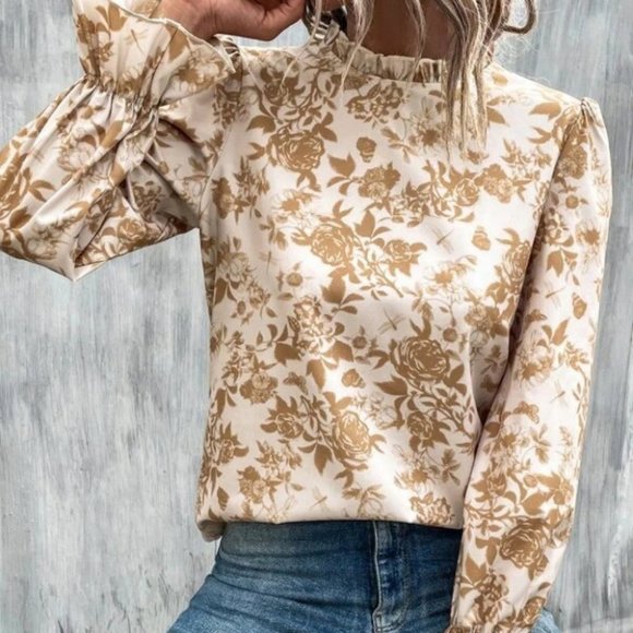 Boho floral long flounced sleeved Blouse top tan - Picture 6 of 6